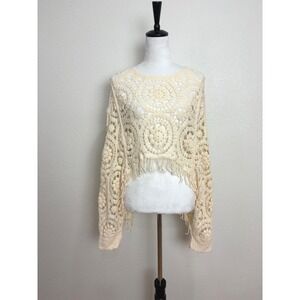 NEW Floral Open Knit Crochet Fringe Dolman Sleeve Cropped Shirt Size XL Boho